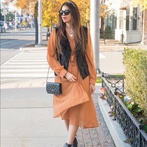 Chicwish KNIT SPLICED SELF-TIE PLEATED WRAP MIDI DRESS IN CARAMEL